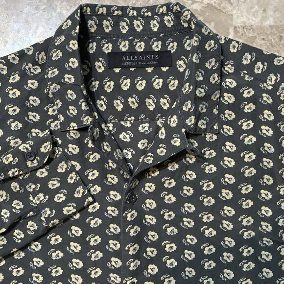All Saints Hawaiian Shirt Mens Medium Floral Camp Loop Collar Long Sleeve - Picture 1 of 9